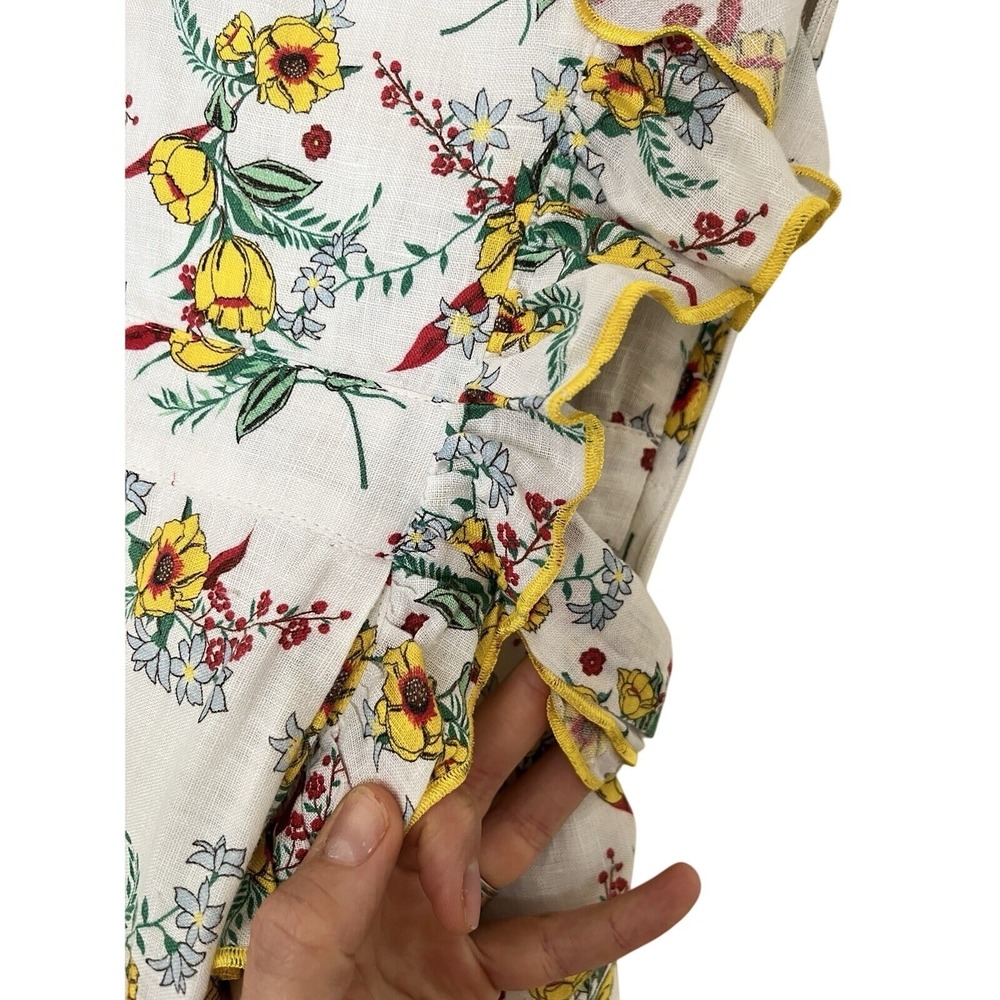 Gul Hurgel Floral White Yellow Ruffle 100% Linen Dress Pinafore Pockets Small - Picture 8 of 16